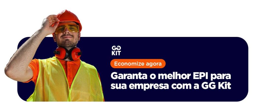 Rapaz com a mão em capacete com uam mensagem ao lado chamando para garantir o melhor EPI para a sua empresa com a GG Kit